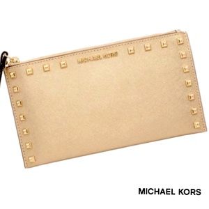 NWT Michael Kors Gold Leather Stud Clutch Wristlet